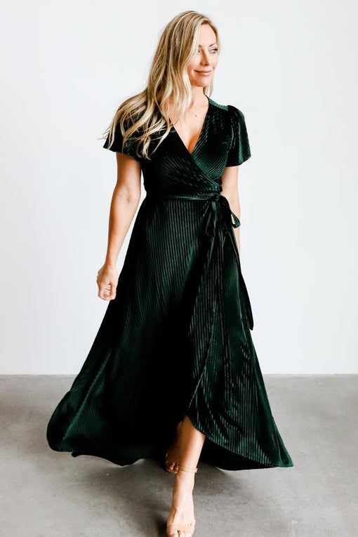 Andi Ribbed Velvet Wrap Dress | Emerald ...